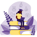 Illustration of woman in grad cap sitting on a pile of books