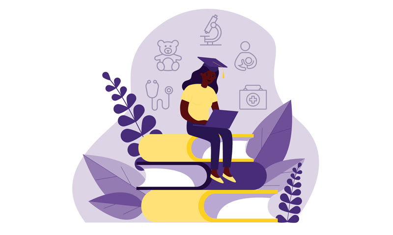 Illustration of woman in grad cap sitting on a pile of books