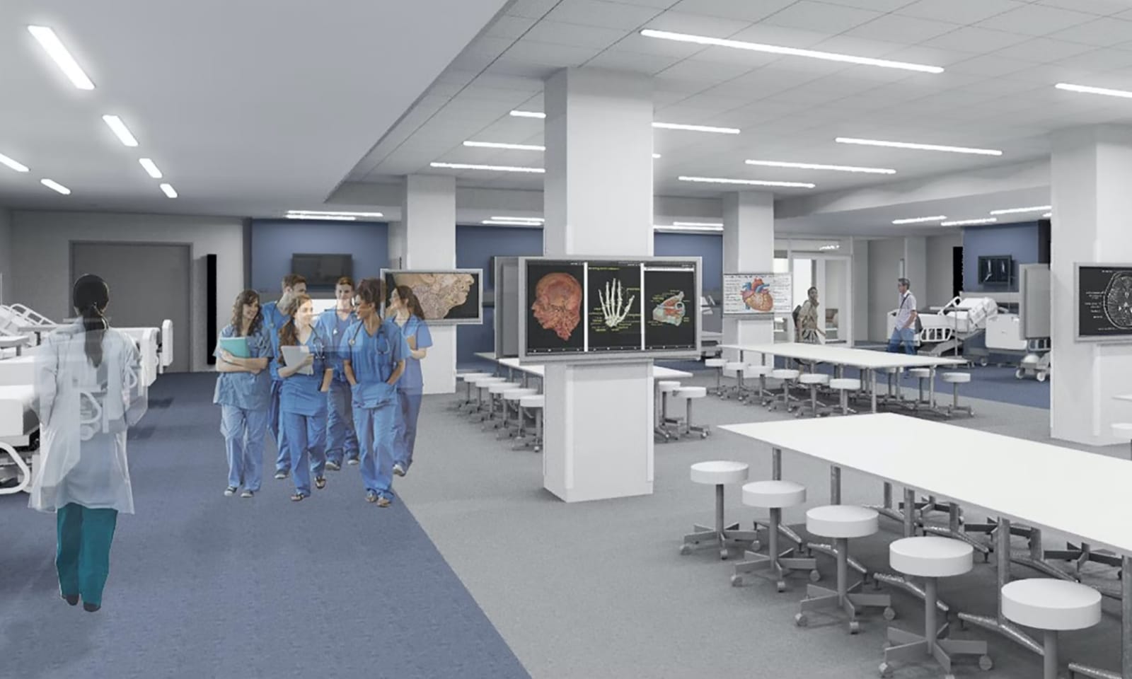 A group of people in white scrubs walk through a medical setting.