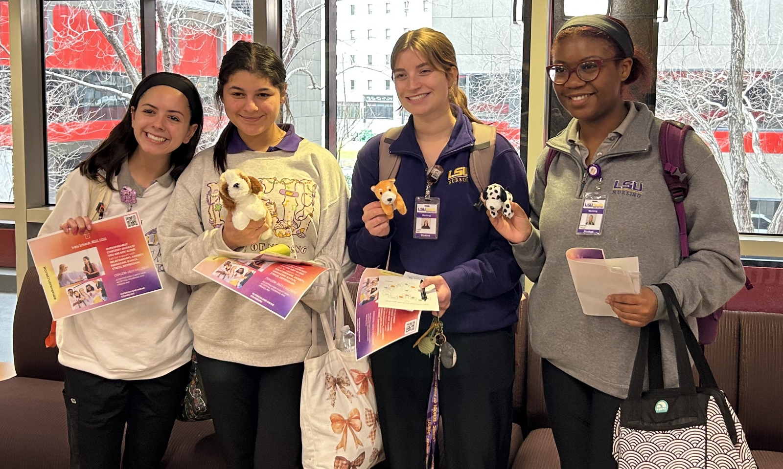 School of Nursing students (from left to right) Ainsley Embley, Taelor Foret, Leah Gill and Darren Dison attended the PALS Resource Fair on February 18, 2025, displaying materials they received from various campus resource providers.